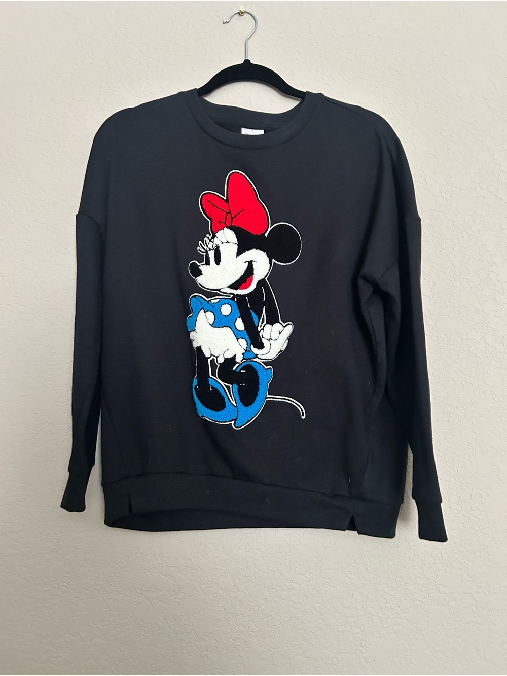 Disney Black Sweatshirt with Minnie Mouse Red Bow and Blue Skirt